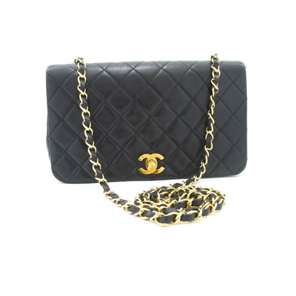 Chanel Vintage Full Flap Quilted Lambskin Black Leather Shoulder Bag Bag